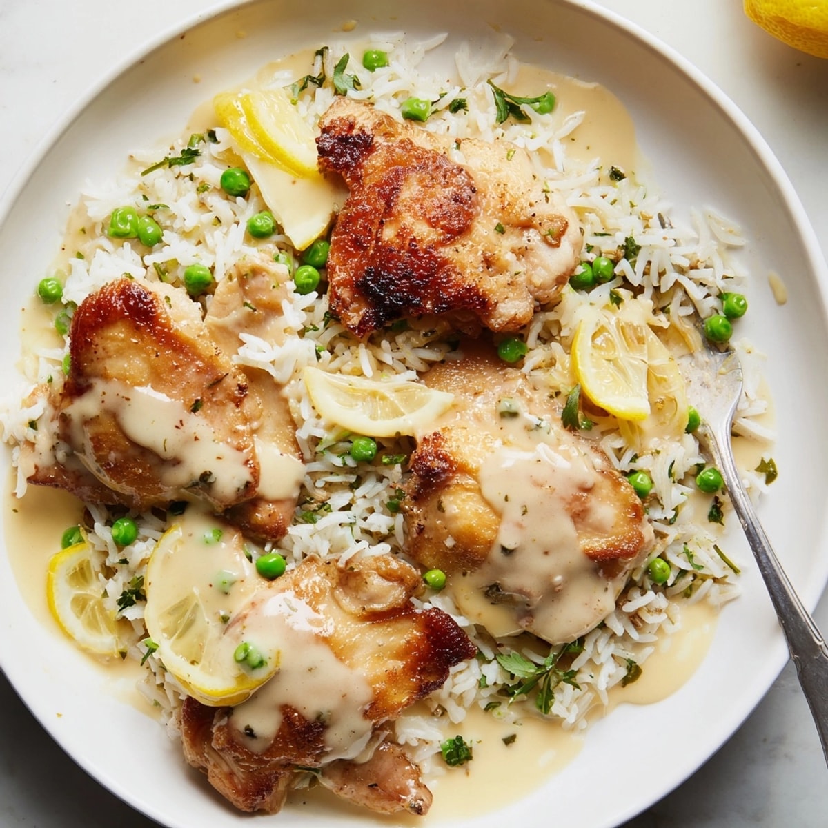One-Pot Creamy Lemon Chicken and Rice served hot in a skillet with fresh parsley garnish.