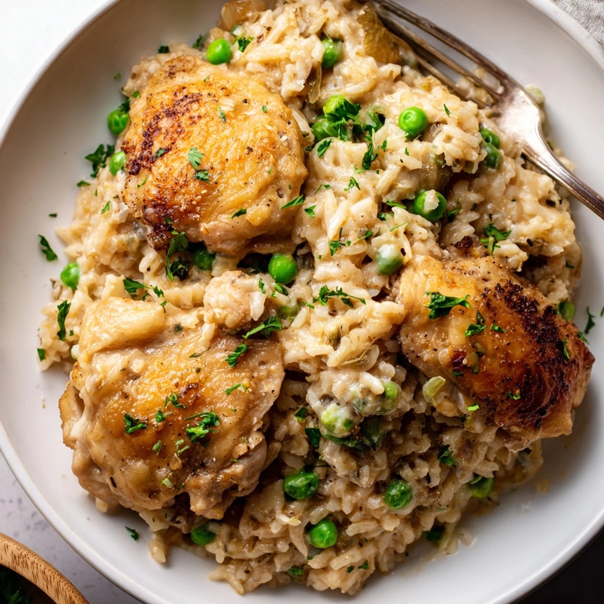 Steaming one-pot creamy lemon chicken and rice, finished with vibrant peas and lemon zest.