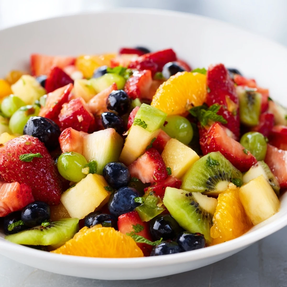 Vibrant refreshing fruit salad featuring strawberries, pineapple, and honey-lime dressing, a summer delight.