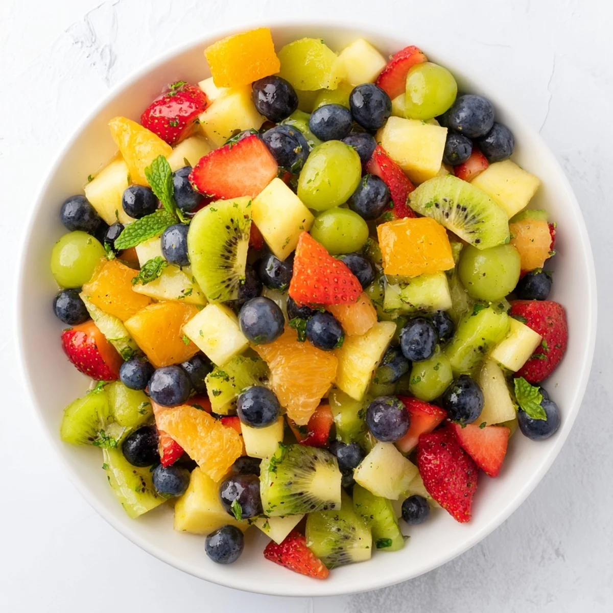 A close-up view of the refreshing fruit salad, showcasing ripe berries and the glistening honey-lime glaze.