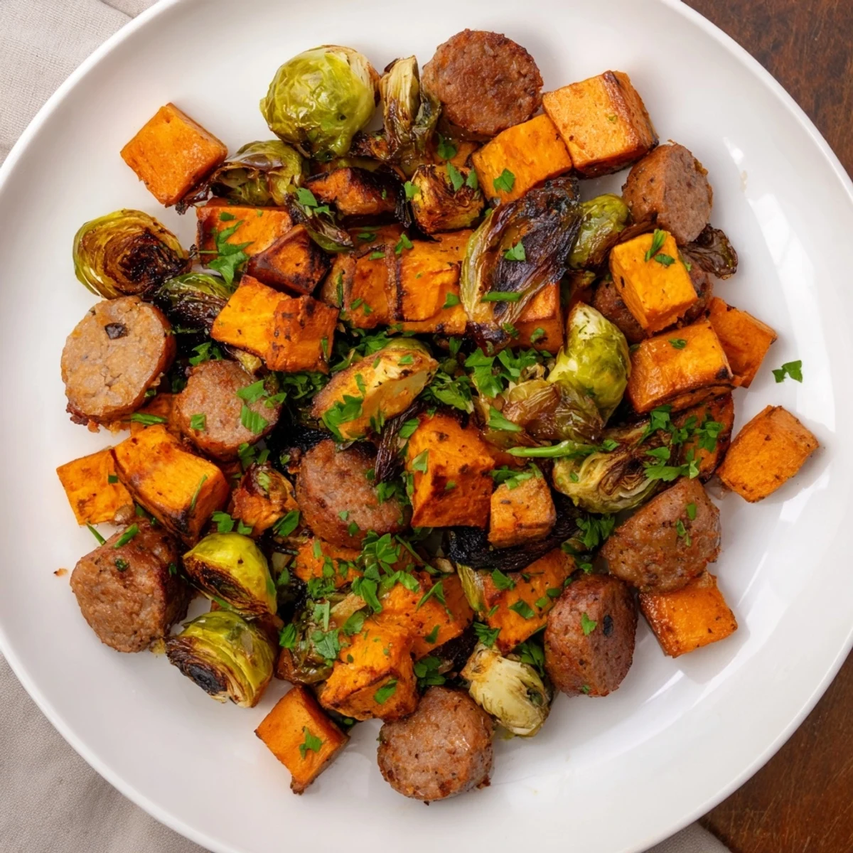 Sheet Pan Sausage, Sweet Potato, and Brussels Sprouts, glistening and roasted on a baking sheet.