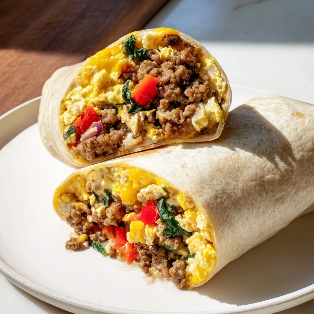 Make-Ahead Breakfast Burritos showing fluffy scrambled eggs and melted cheese spilling from the tortilla.