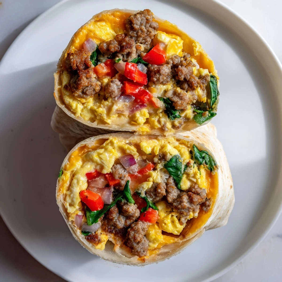Golden-brown Make-Ahead Breakfast Burritos ready to eat, packed with savory sausage and colorful peppers.