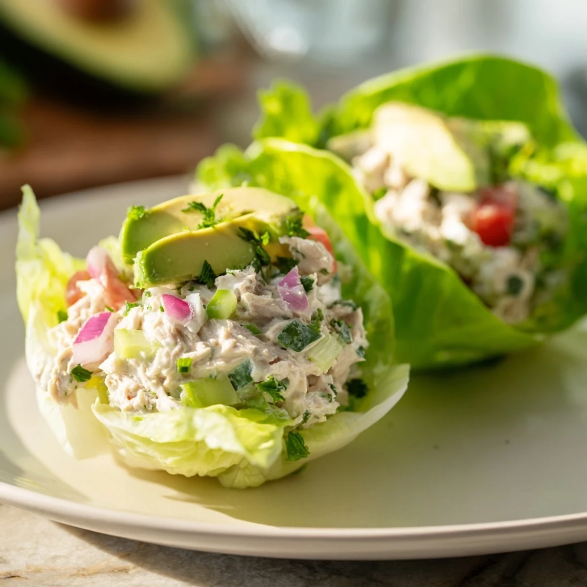 Fresh and flavorful quick & healthy tuna salad lettuce wraps, served with ripe avocado and tomato.