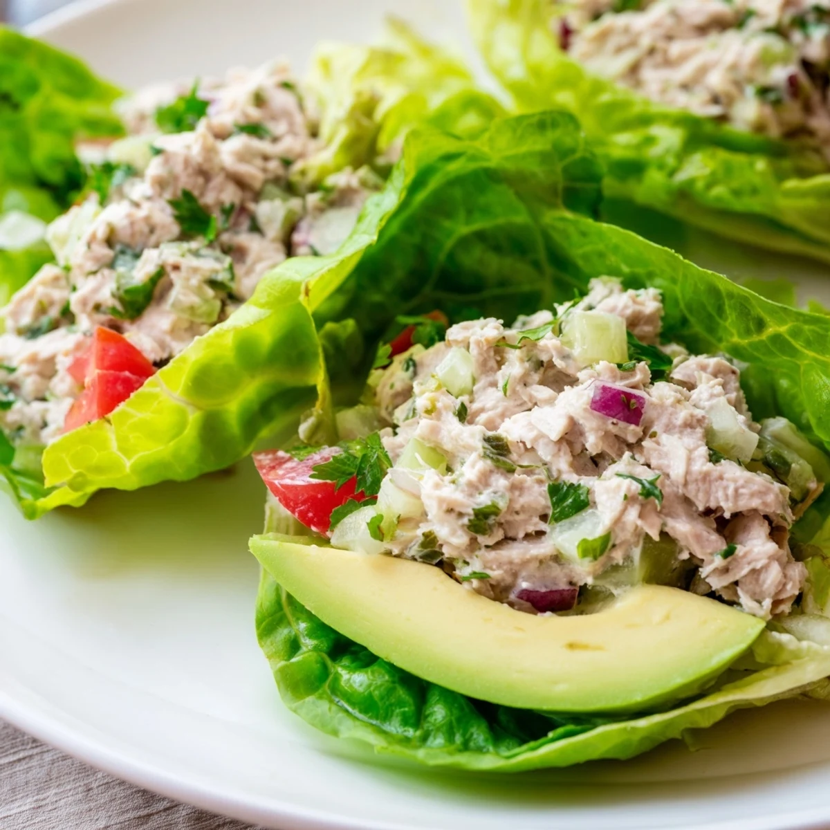 Tuna salad lettuce wraps, creamy, with avocado slices, ready for a healthy, quick lunch.