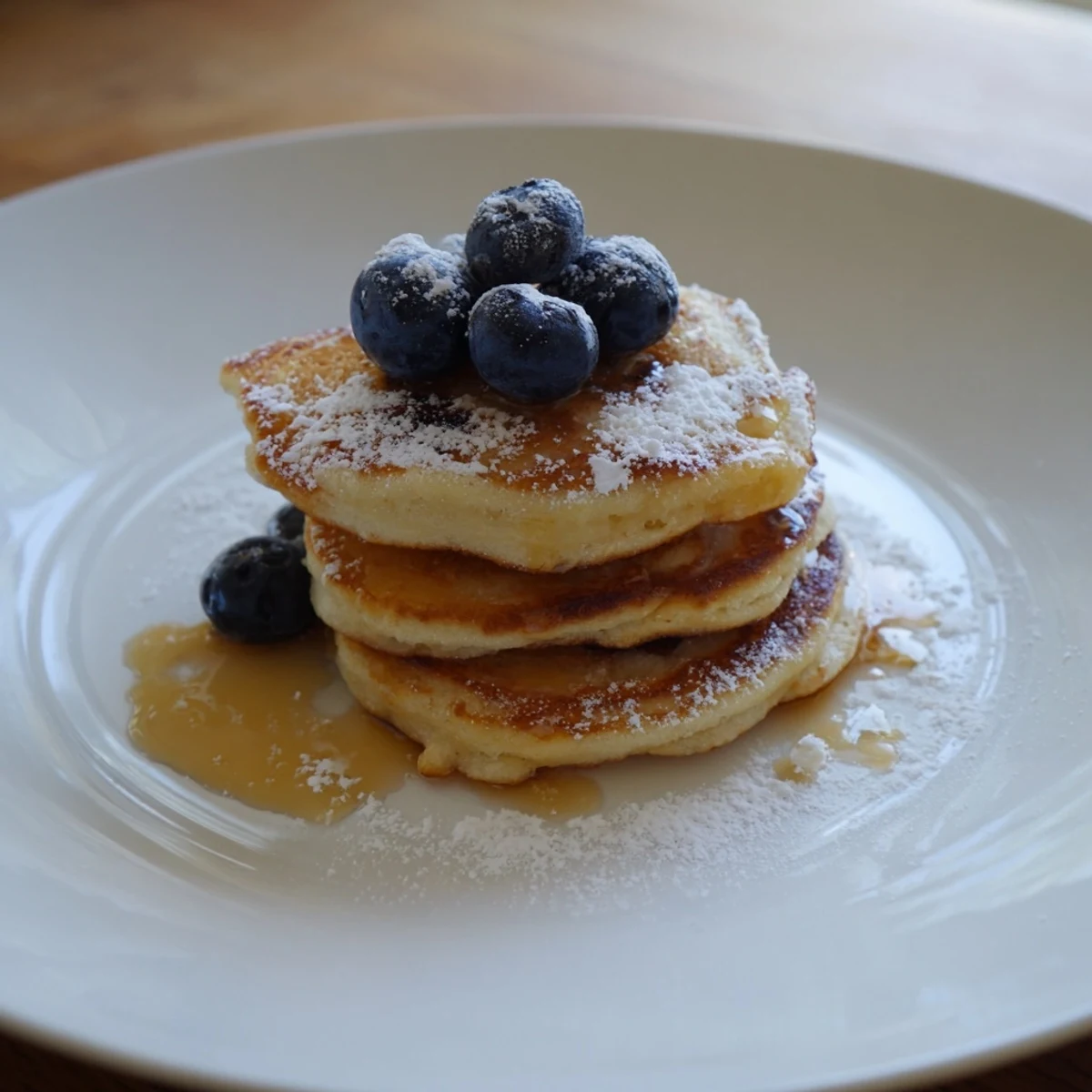 Stack of golden, light and fluffy ricotta pancakes topped with fresh berries and syrup.
