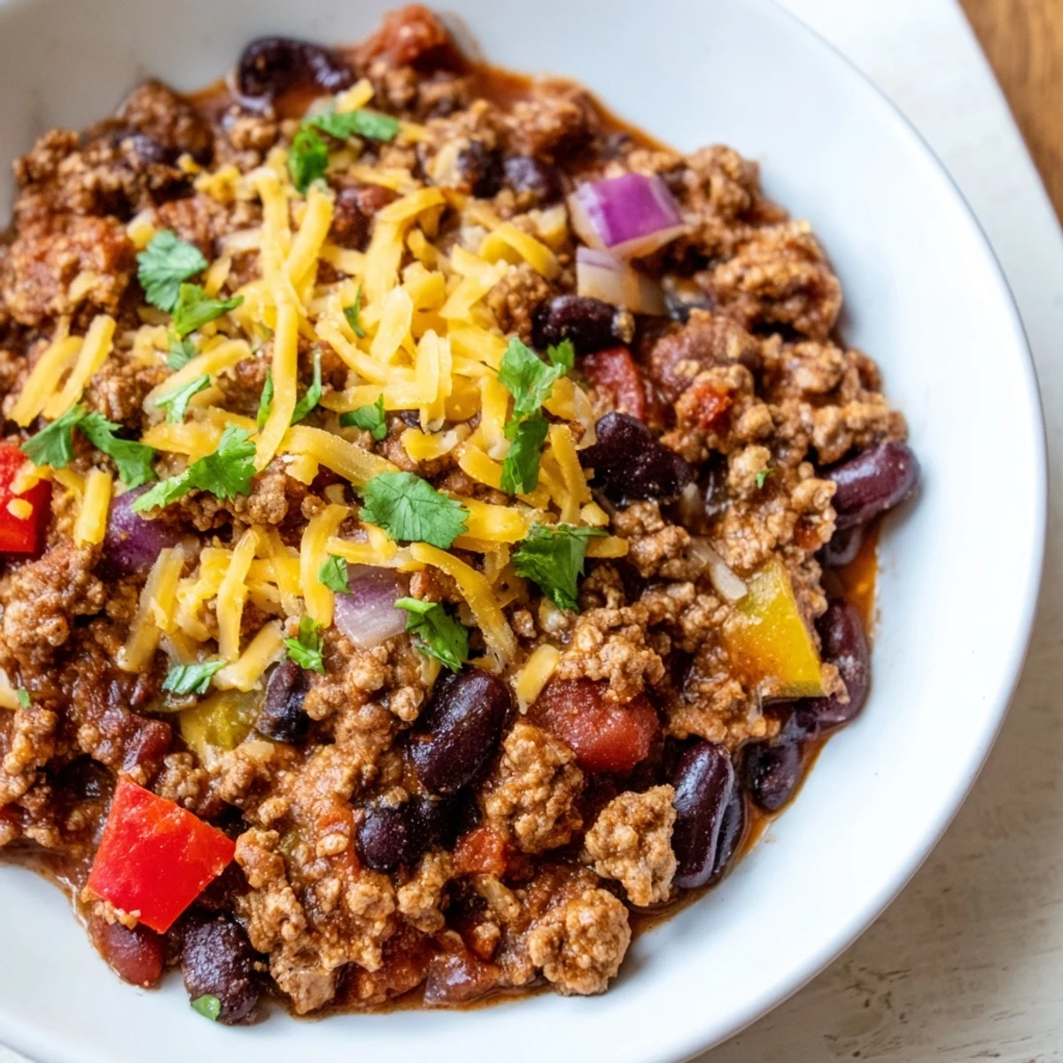 Close-up of a hearty simple weeknight chili, perfect for a cozy, flavorful dinner.
