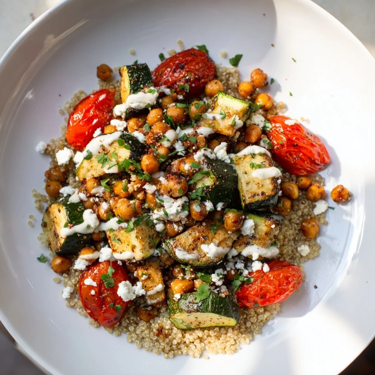 Mediterranean Chickpea and Veggie Grain Bowl: A colorful bowl of roasted vegetables, chickpeas, and creamy tahini dressing.