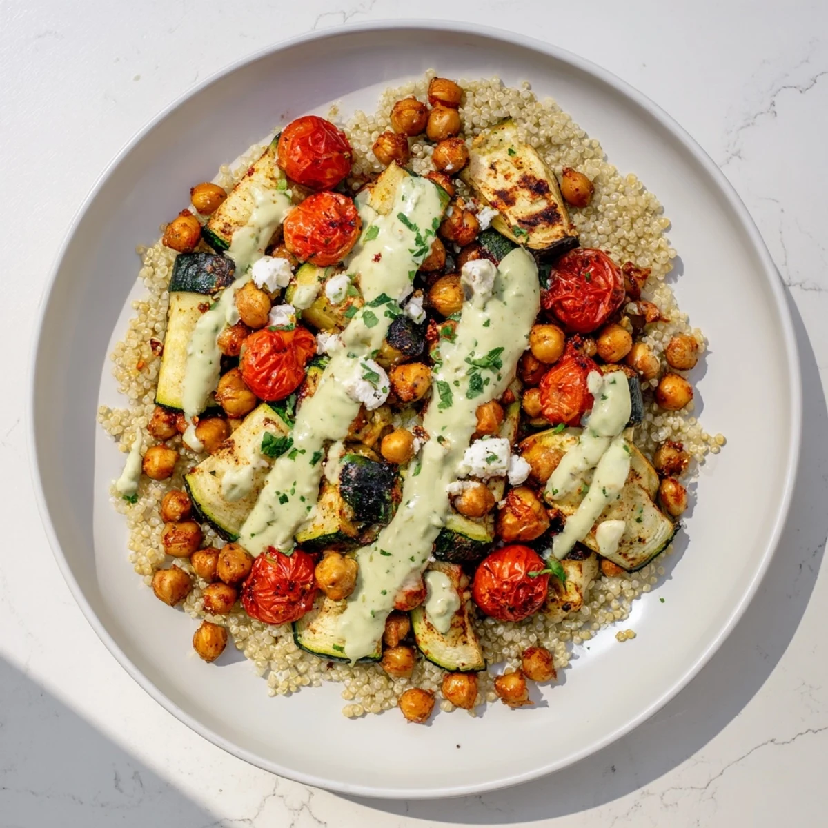 Delightful Mediterranean Chickpea and Veggie Grain Bowl, featuring roasted chickpeas and fresh parsley for a flavorful experience.