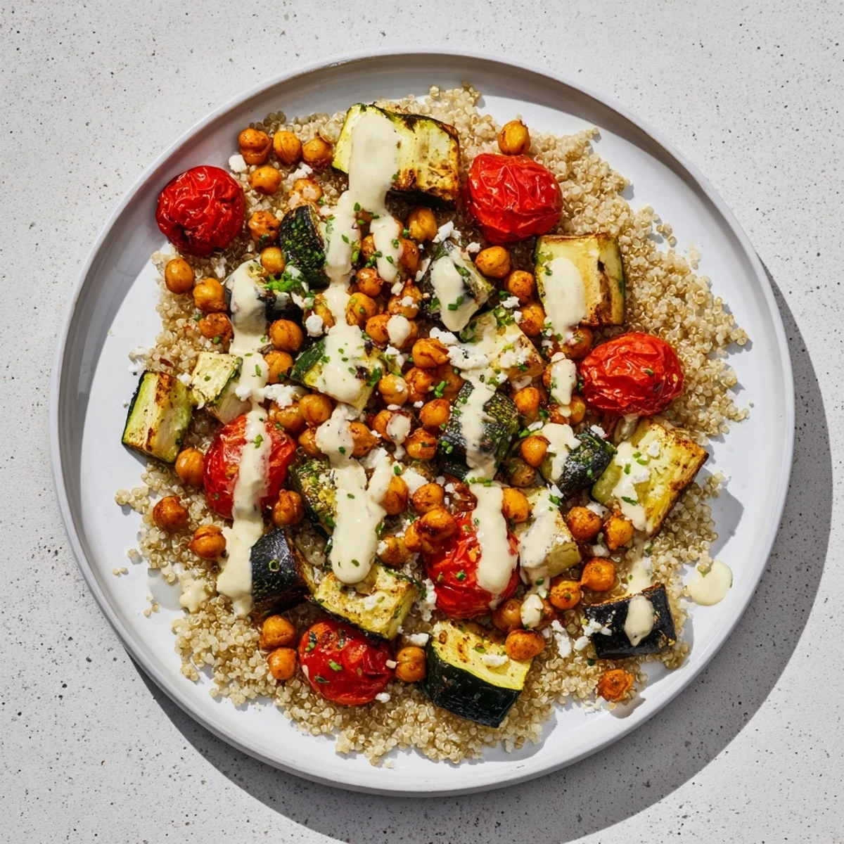 This Mediterranean Chickpea and Veggie Grain Bowl displays a healthy and delicious vegetarian meal, ready to eat!