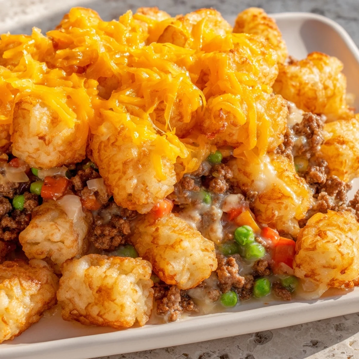 Golden-brown tater tots topping a bubbly, cheesy Family Favorite Tater Tot Casserole, ready to eat.