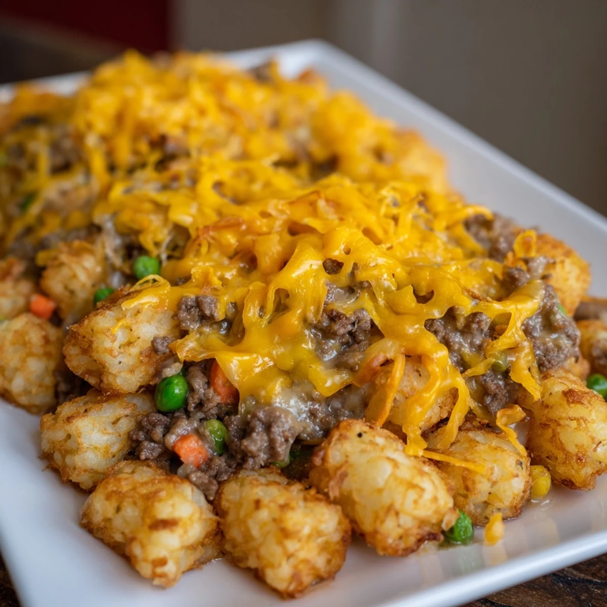 A close-up view of a Family Favorite Tater Tot Casserole, with visible ground beef and melted cheese.