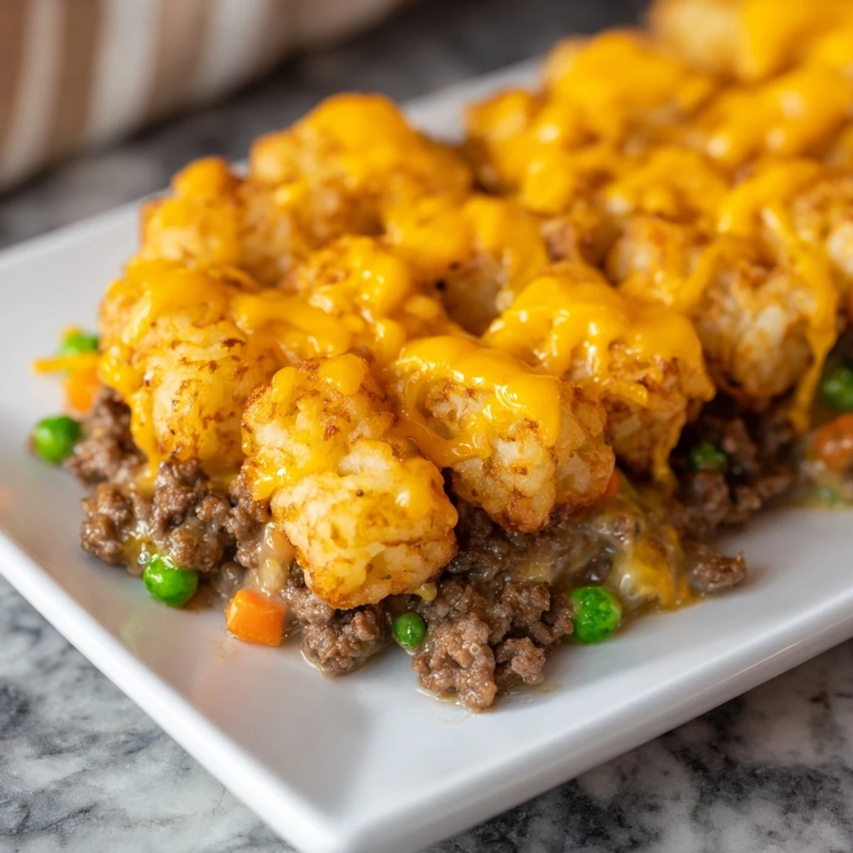 Enjoy a hearty serving of Family Favorite Tater Tot Casserole, full of flavorful meat and crispy tots.
