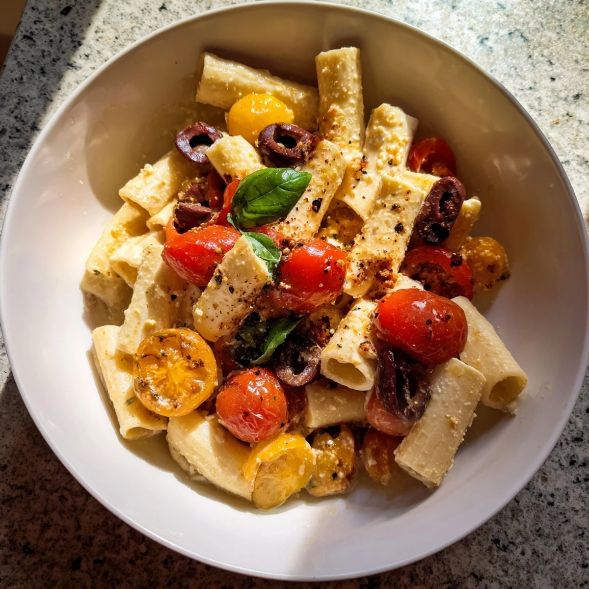 Golden baked feta pasta with bursting cherry tomatoes and fragrant basil, ready to serve.