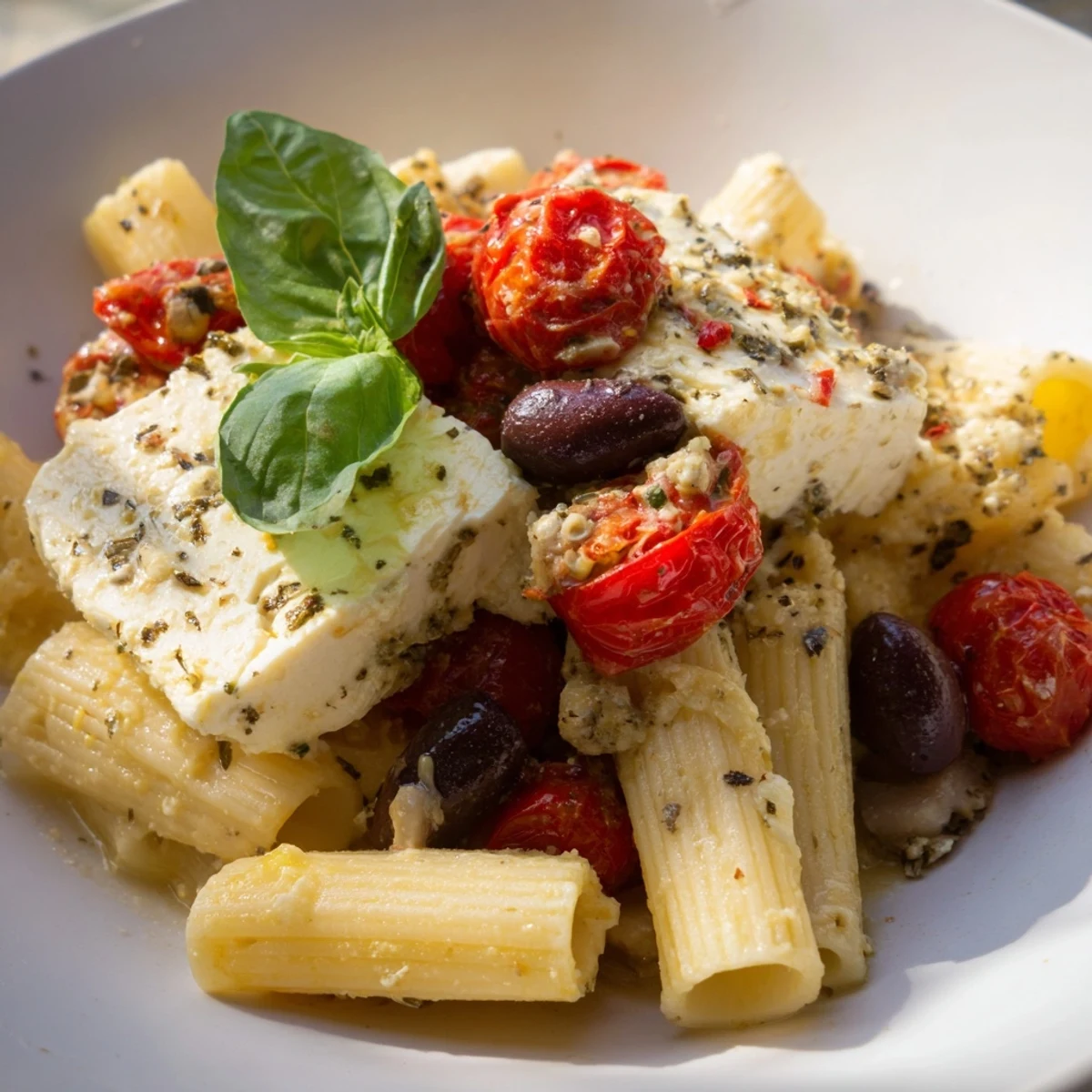 Creamy baked feta pasta with Kalamata olives, a flavorful Mediterranean vegetarian dinner idea.