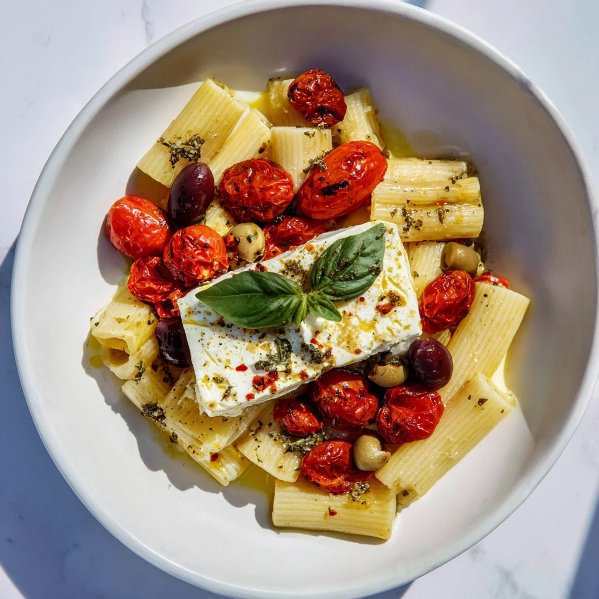 A close-up of a bowl filled with the colorful baked feta pasta, a simple weeknight meal.