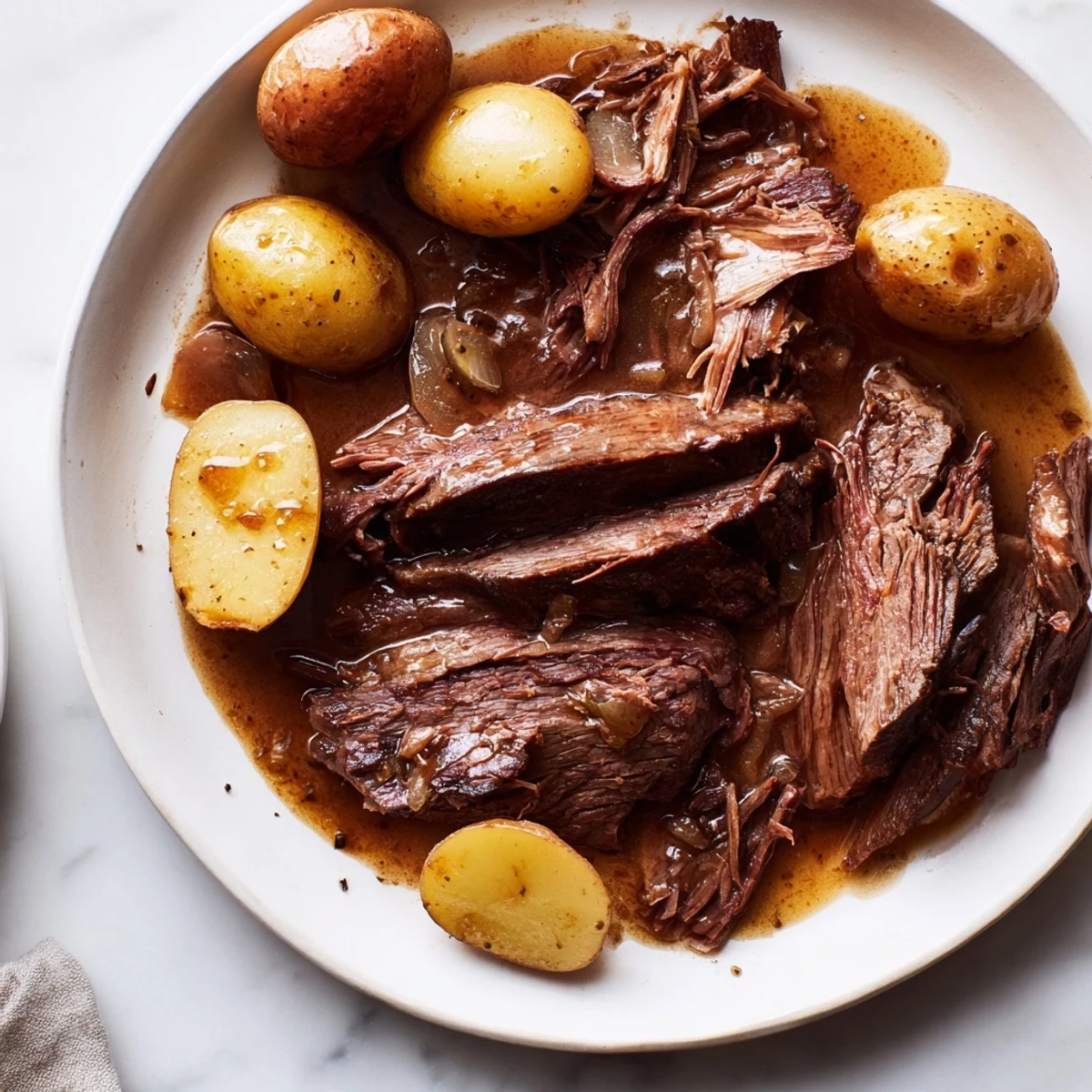 Tender slow cooker pot roast, fall-apart beef with savory potatoes in rich broth, ready to serve.