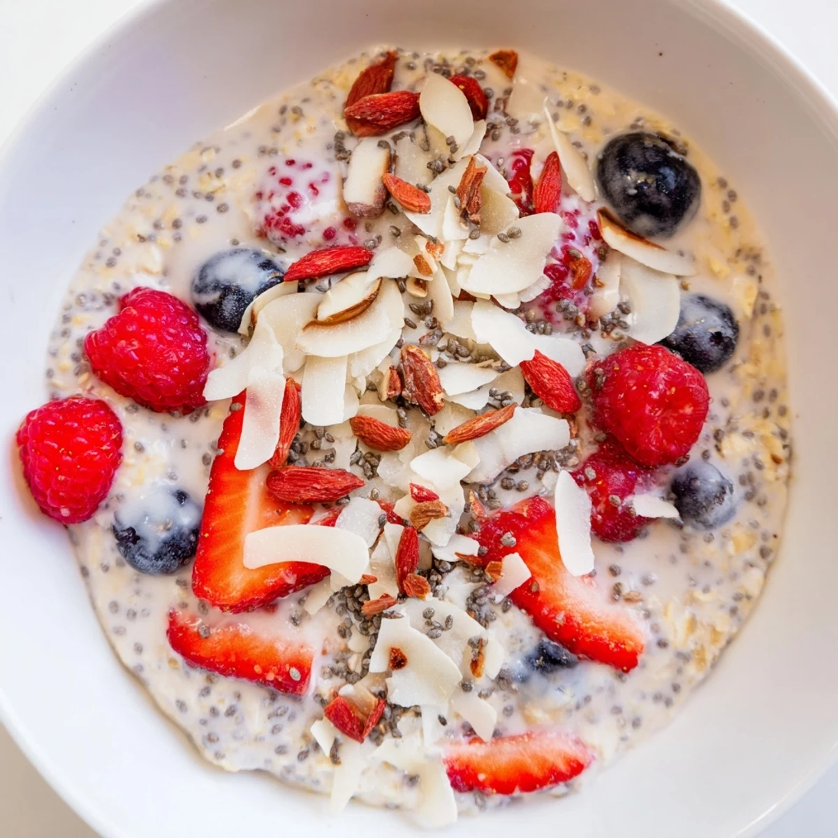 Creamy overnight oats with berries and chia seeds, a colorful, simple make-ahead breakfast.