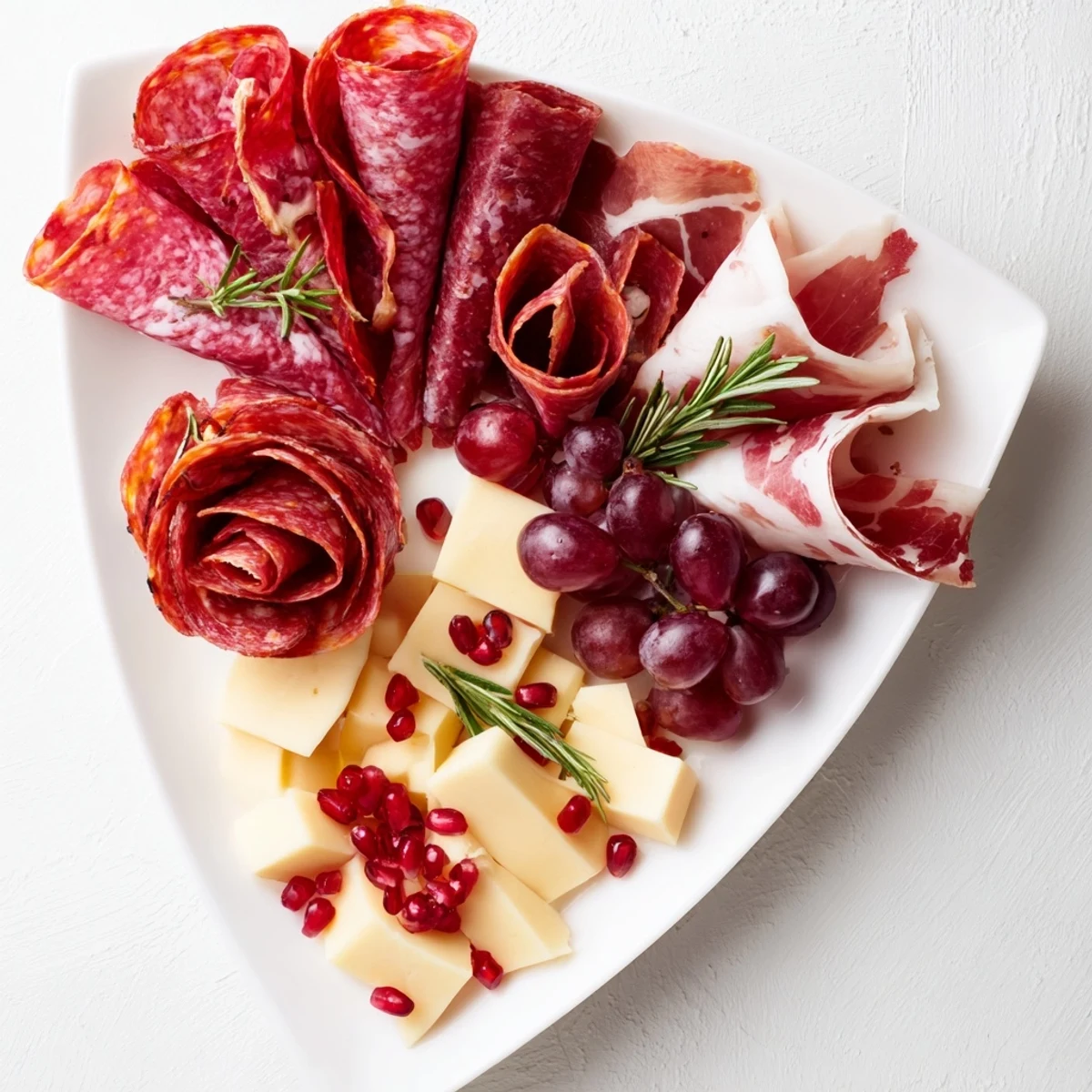 Elegant Crimson Crest charcuterie board brimming with red meats, cheeses, and ruby-red grapes.