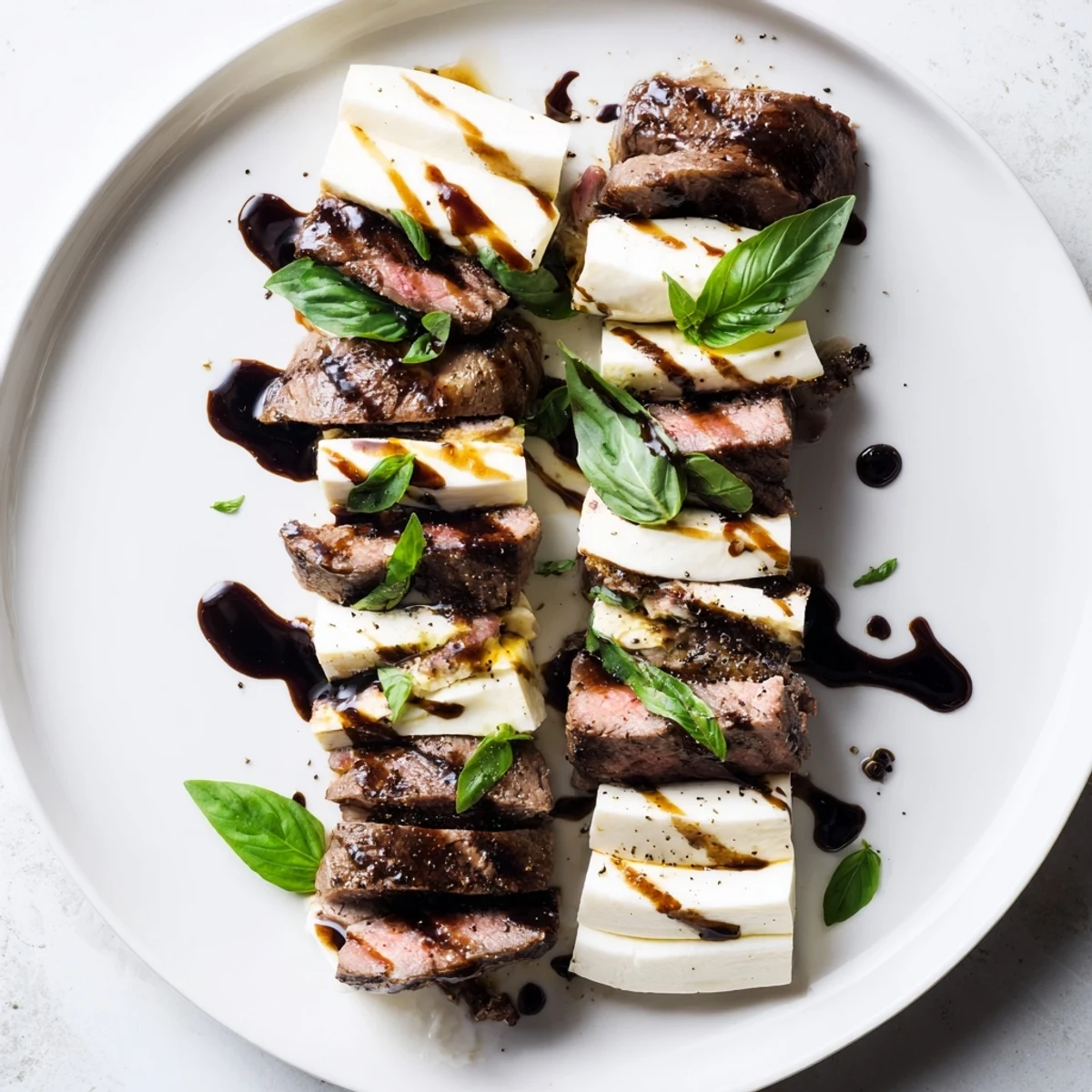 The Safari Stripes appetizer platter showing rows of meats and cheeses drizzled with balsamic glaze.