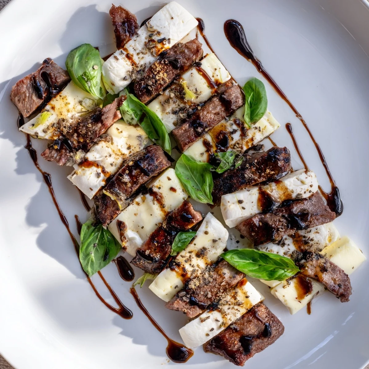 Fresh basil garnishes The Safari Stripes, a delicious appetizer featuring beautiful, layered strips.