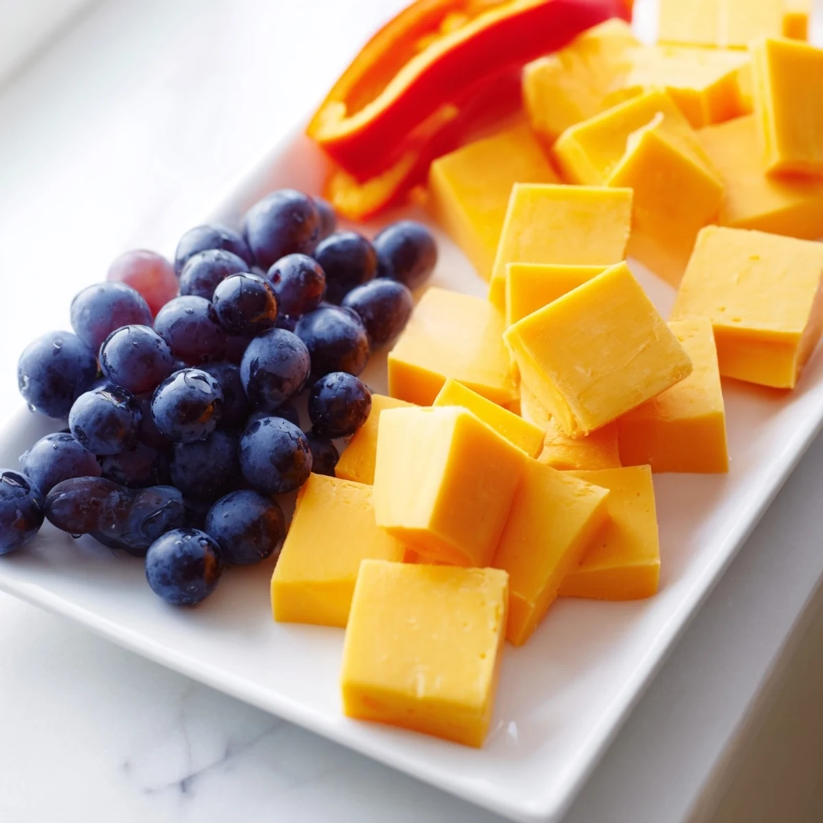 Bauhaus Block appetizer: Colorful red peppers, cheese, and grapes arranged in an artistic, geometric pattern.