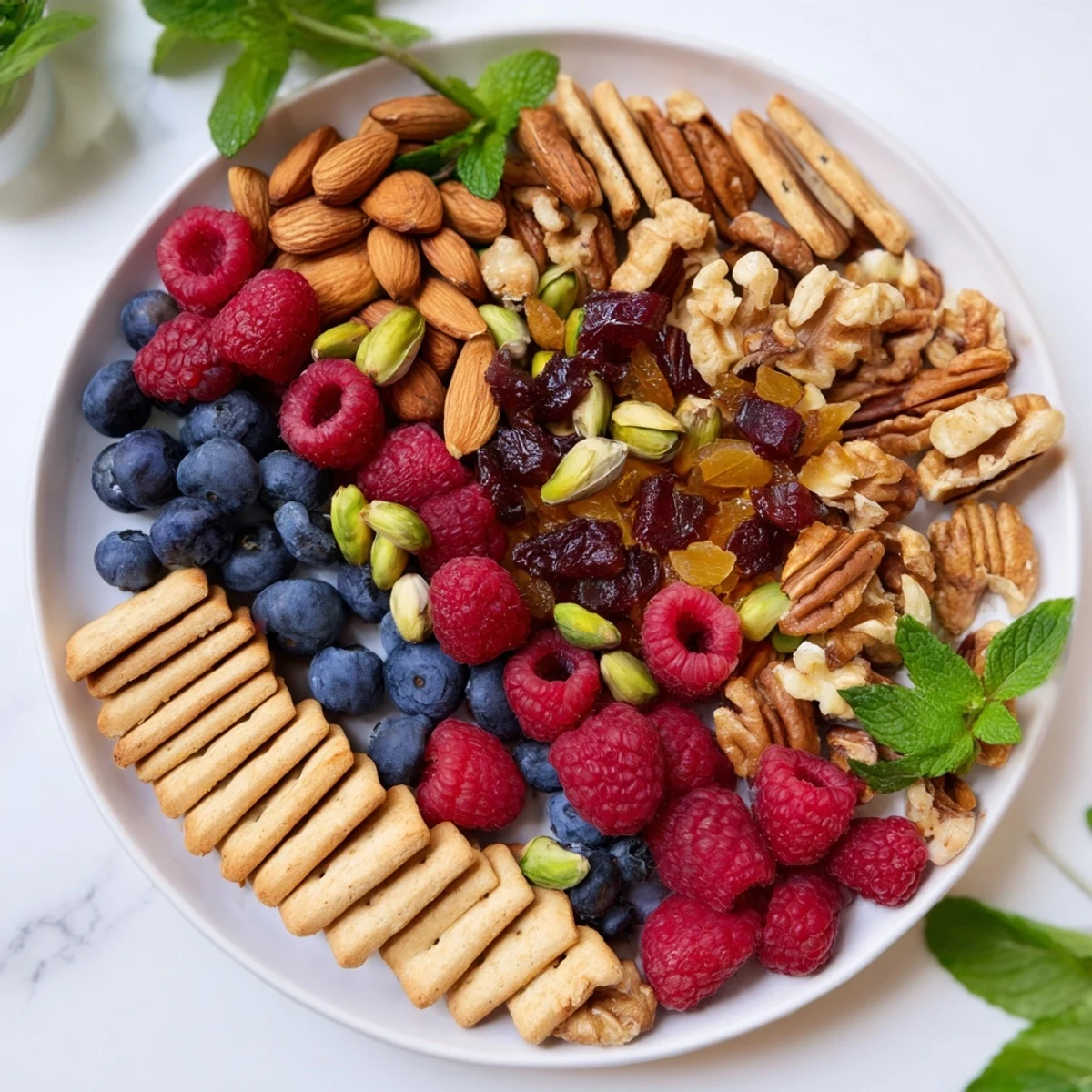 A beautiful "Picket Fence" snack platter with crunchy crackers and colorful berries and nuts.