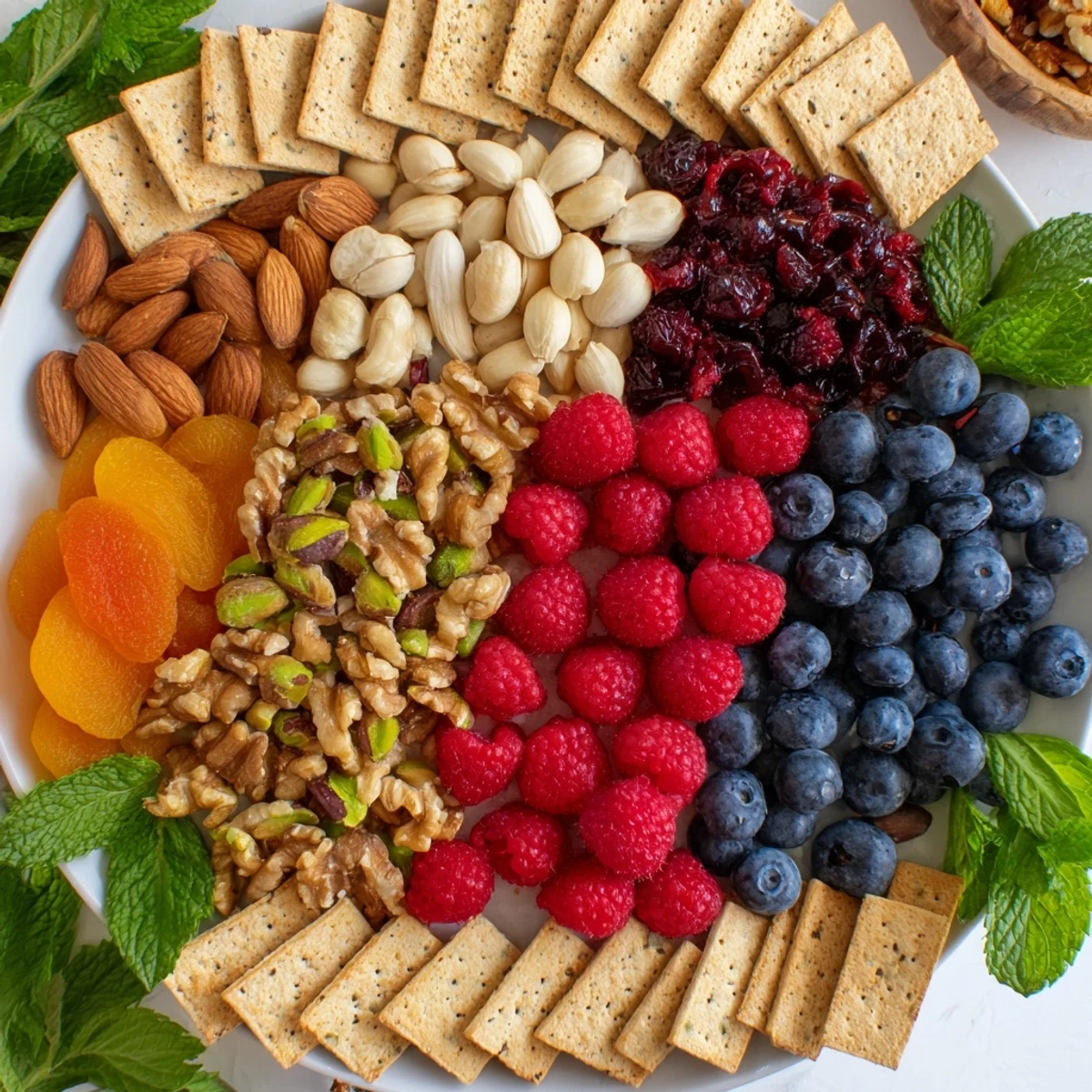 Vibrant "Picket Fence" appetizer showcasing nuts, berries, and crackers; perfect for sharing with guests.