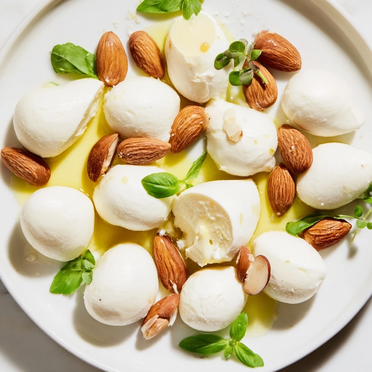 Enjoy a close-up of The Polished Pebble, an elegant appetizer featuring oval cheeses and crunchy almonds.