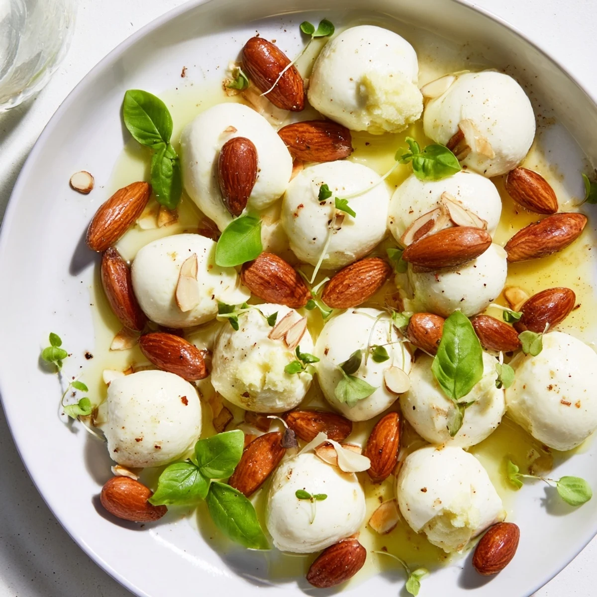 Visually appealing The Polished Pebble appetizer—a stream of cheeses and almonds, ready for serving.