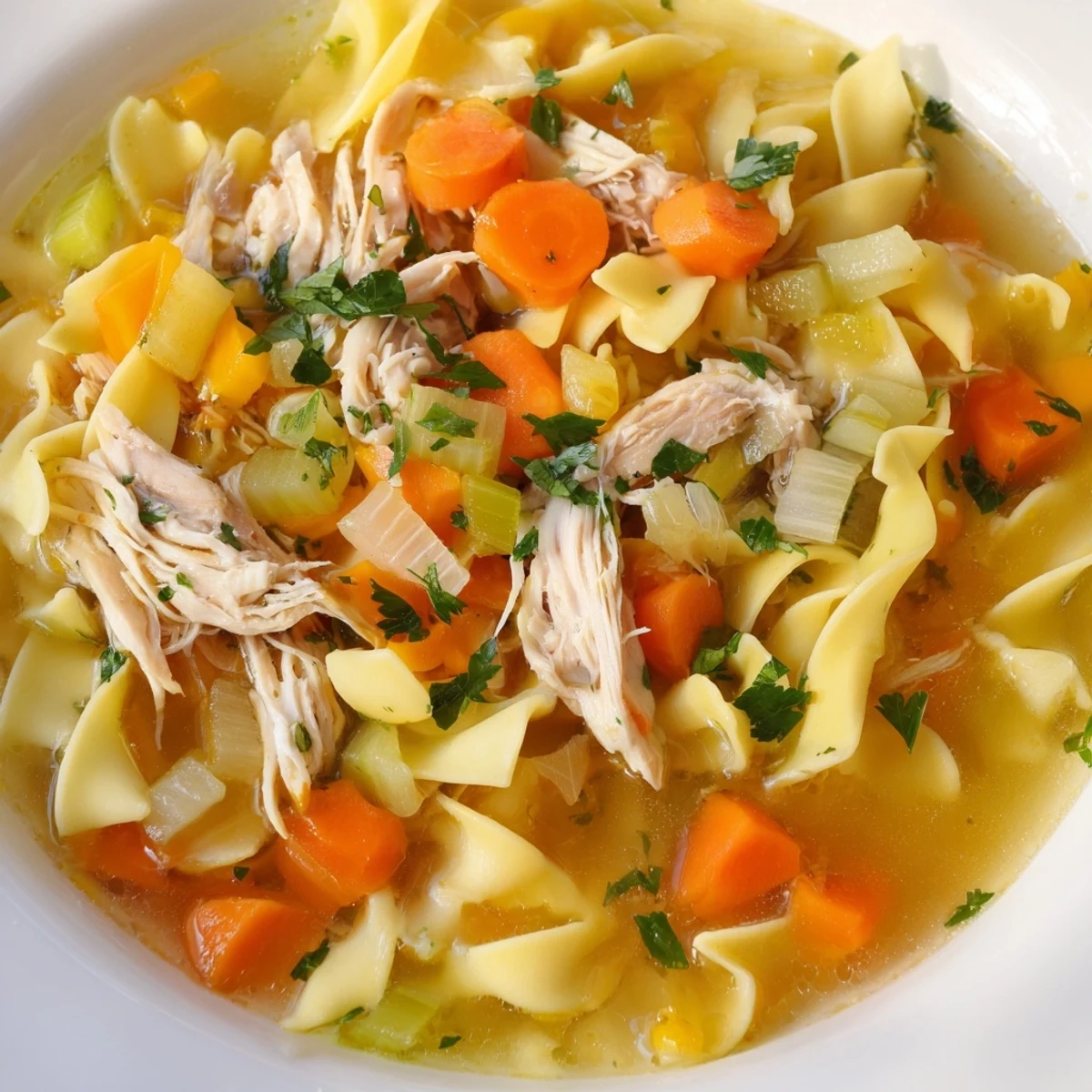 A steaming bowl of Cozy Chicken Noodle Soup awaits, filled with glistening noodles and savory broth.