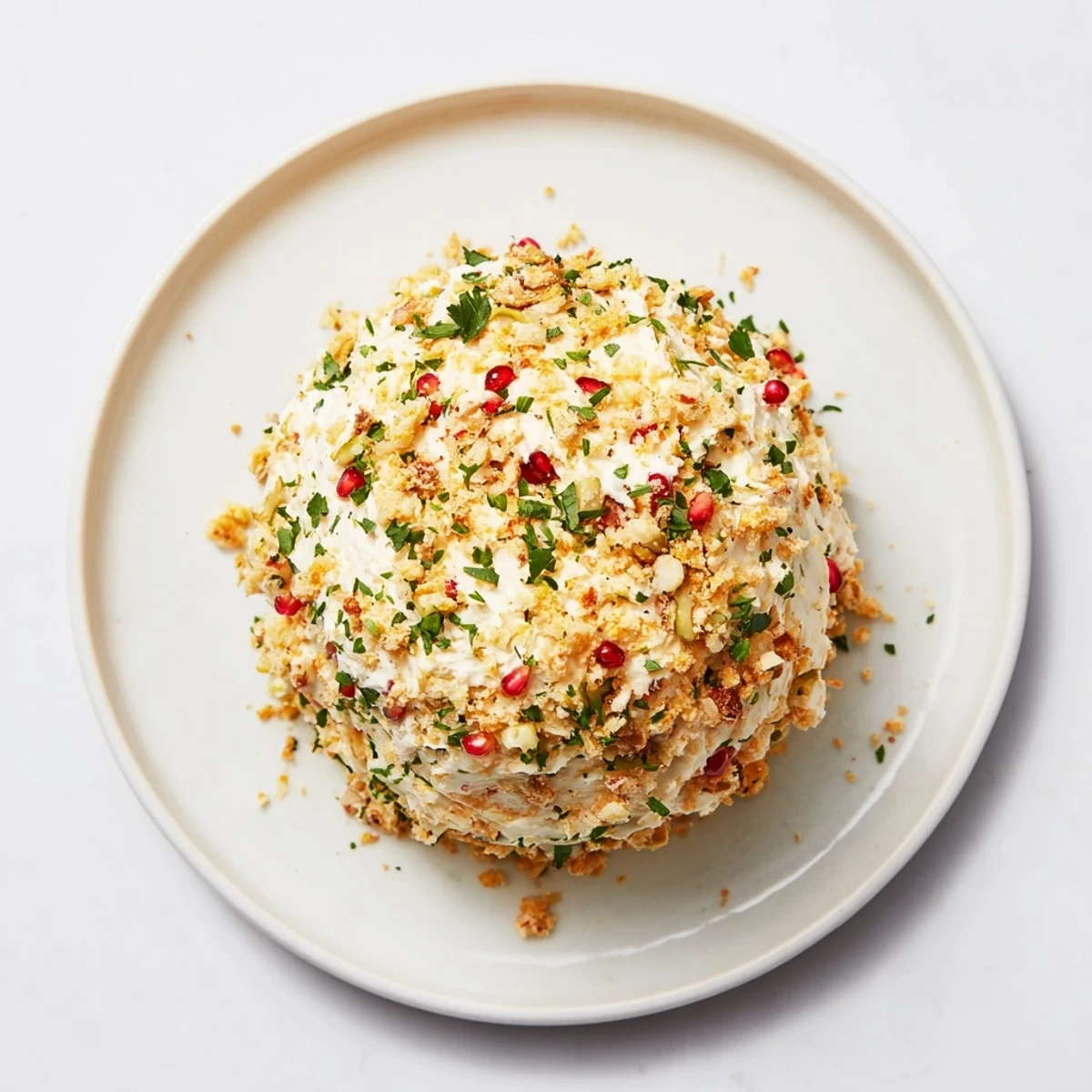 Elegant "The Royal Orb" appetizer, a cheese ball rolled in pistachios and pomegranate seeds, ready to serve.