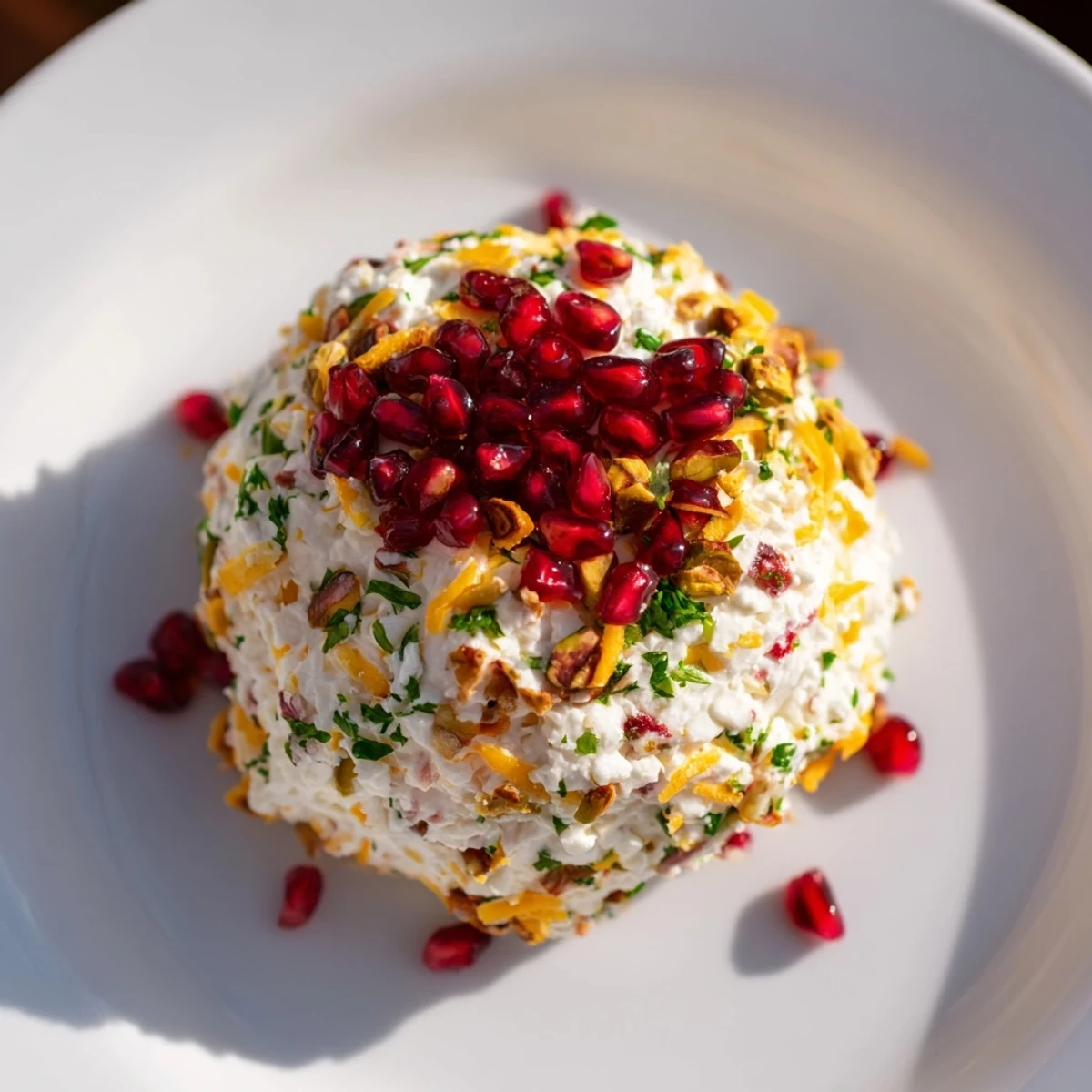 A jeweled "The Royal Orb" cheese ball glistens with red pomegranate and green pistachio coating, delicious party appetizer.