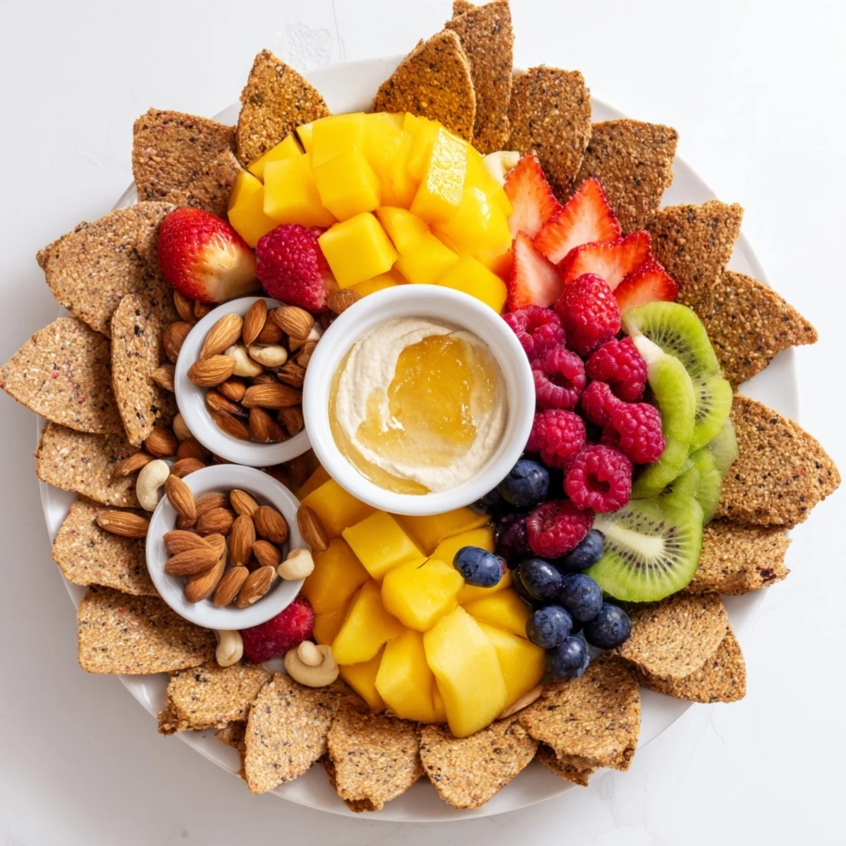 A colorful Hidden Oasis appetizer, featuring vibrant fruits and creamy dips, ready to serve.
