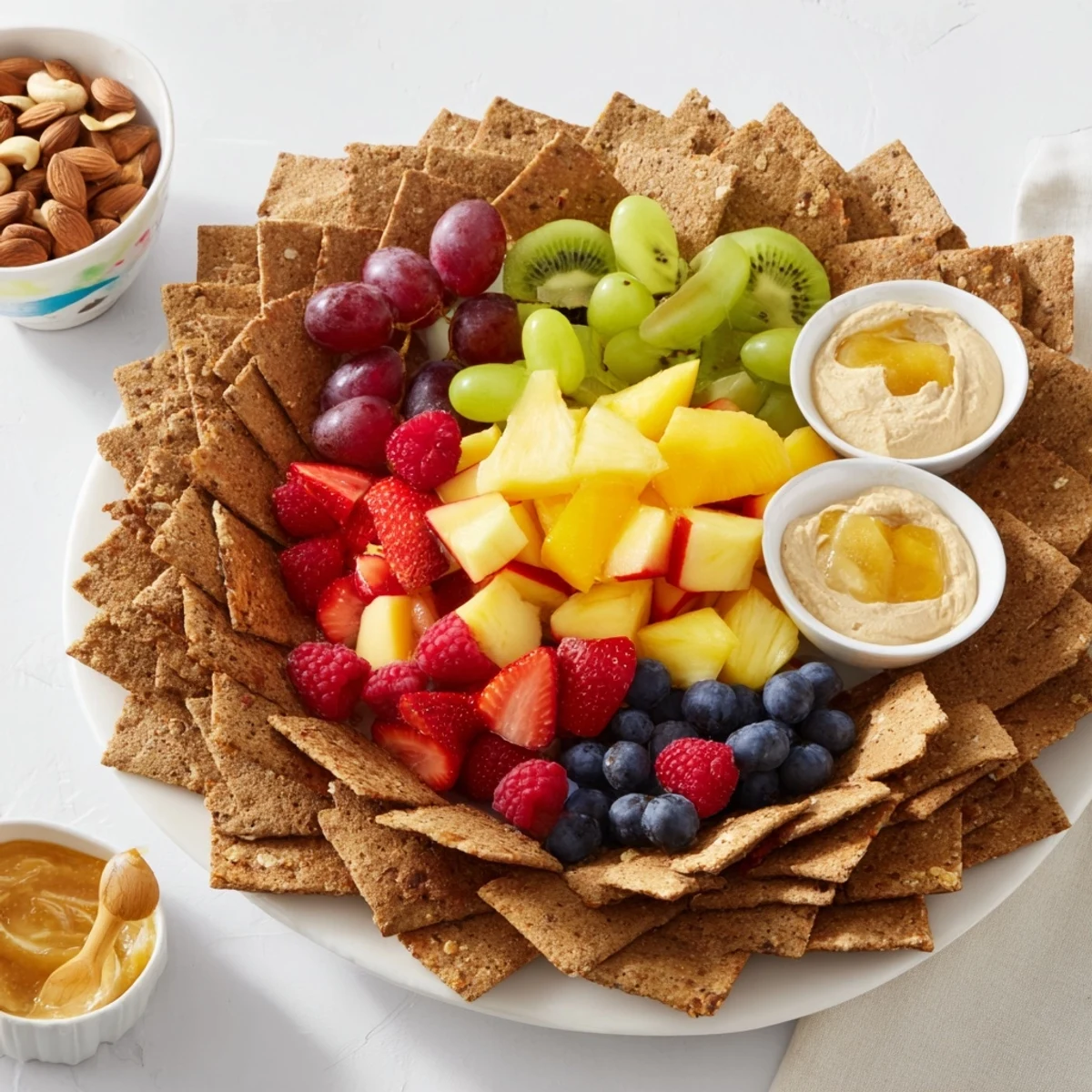 Fresh berries and nuts surround this Hidden Oasis platter, a vibrant, delicious appetizer.