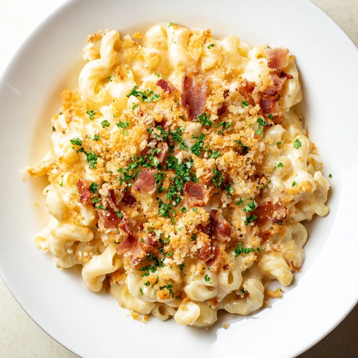 Golden-brown Tinis Mac and Cheese with Bacon, a baked casserole, perfectly complements a green salad.