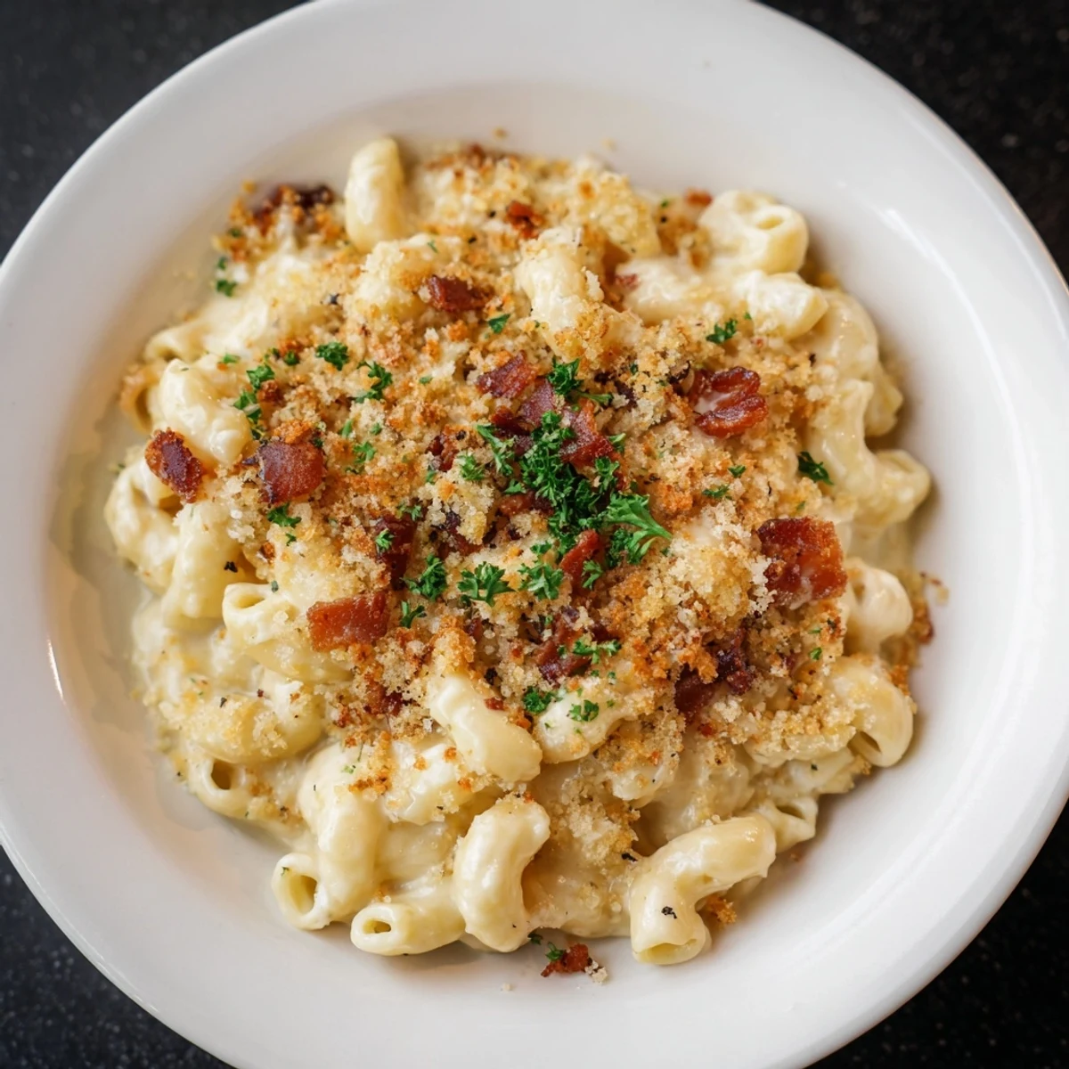 Close-up shot shows creamy, indulgent Tinis Mac and Cheese with Bacon topped with crispy bacon pieces.