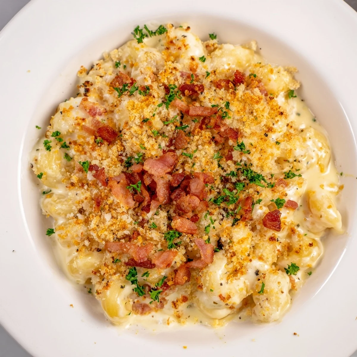 This comforting Tinis Mac and Cheese with Bacon image features a bubbling, cheesy interior and crispy toppings.