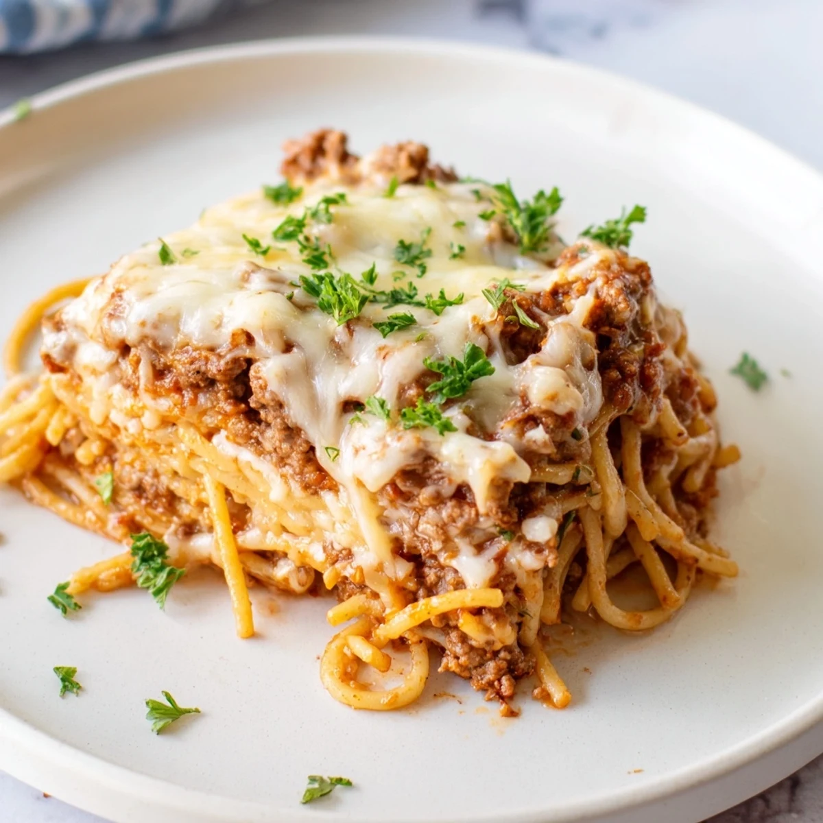 A bubbling pan of Tina's Baked Spaghetti, golden cheese topping a savory meat and pasta casserole.