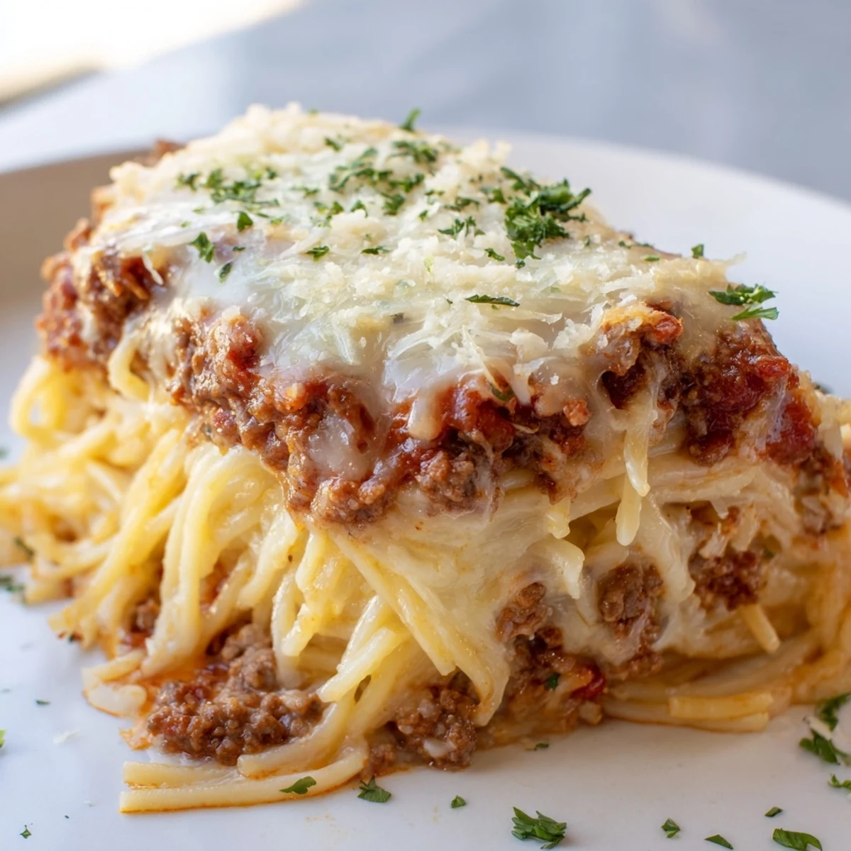 This photo shows a creamy, cheesy Tina's Baked Spaghetti, ready to be served hot from the oven.