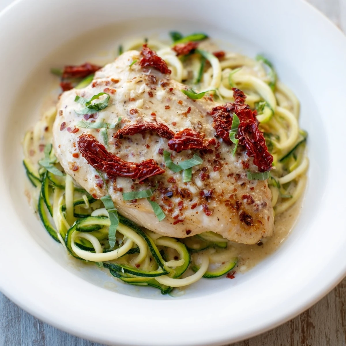 Marry Me Chicken Zoodles: Tender chicken with creamy tomato sauce over delicate zucchini noodles, ready to be enjoyed.
