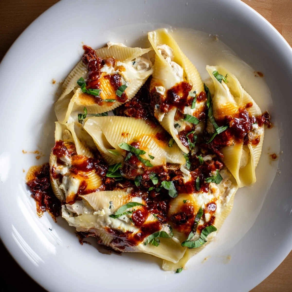 Golden, bubbly Marry Me Chicken Stuffed Shells topped with fresh basil, ready to serve with garlic bread.