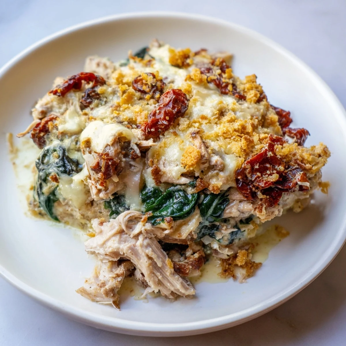 Golden-brown Marry Me Chicken Casserole bubbling in a baking dish, with crispy Ritz cracker topping.