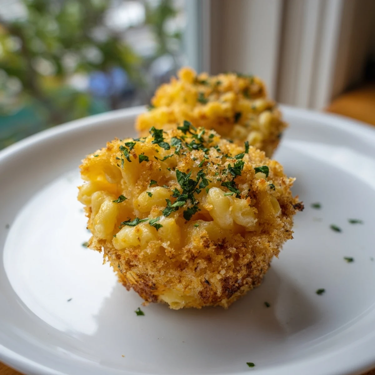 Golden-topped Tini's Mac and Cheese muffins, a perfect bite-sized party appetizer or kid's lunch.