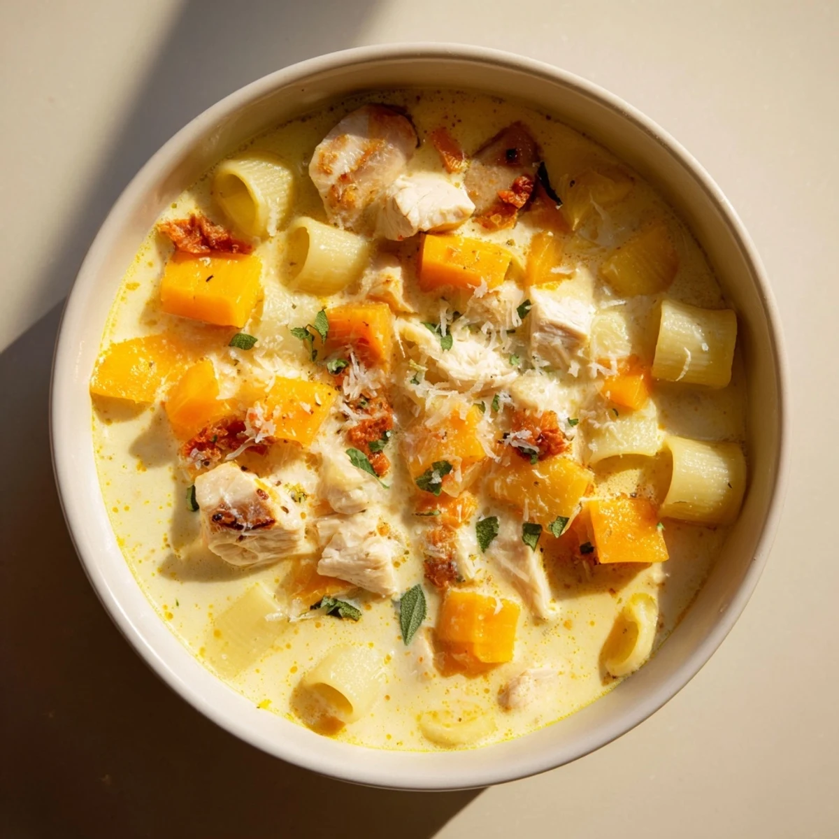 Steaming bowl of Marry Me Chicken Soup, ready to eat, with rustic bread and fresh basil garnish.