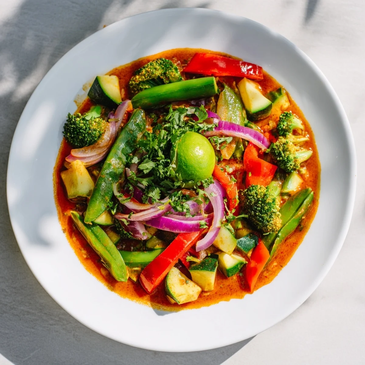 Bright and colorful photo of Coconut Curry Vegetables, a vegan, simmering pot of deliciousness.