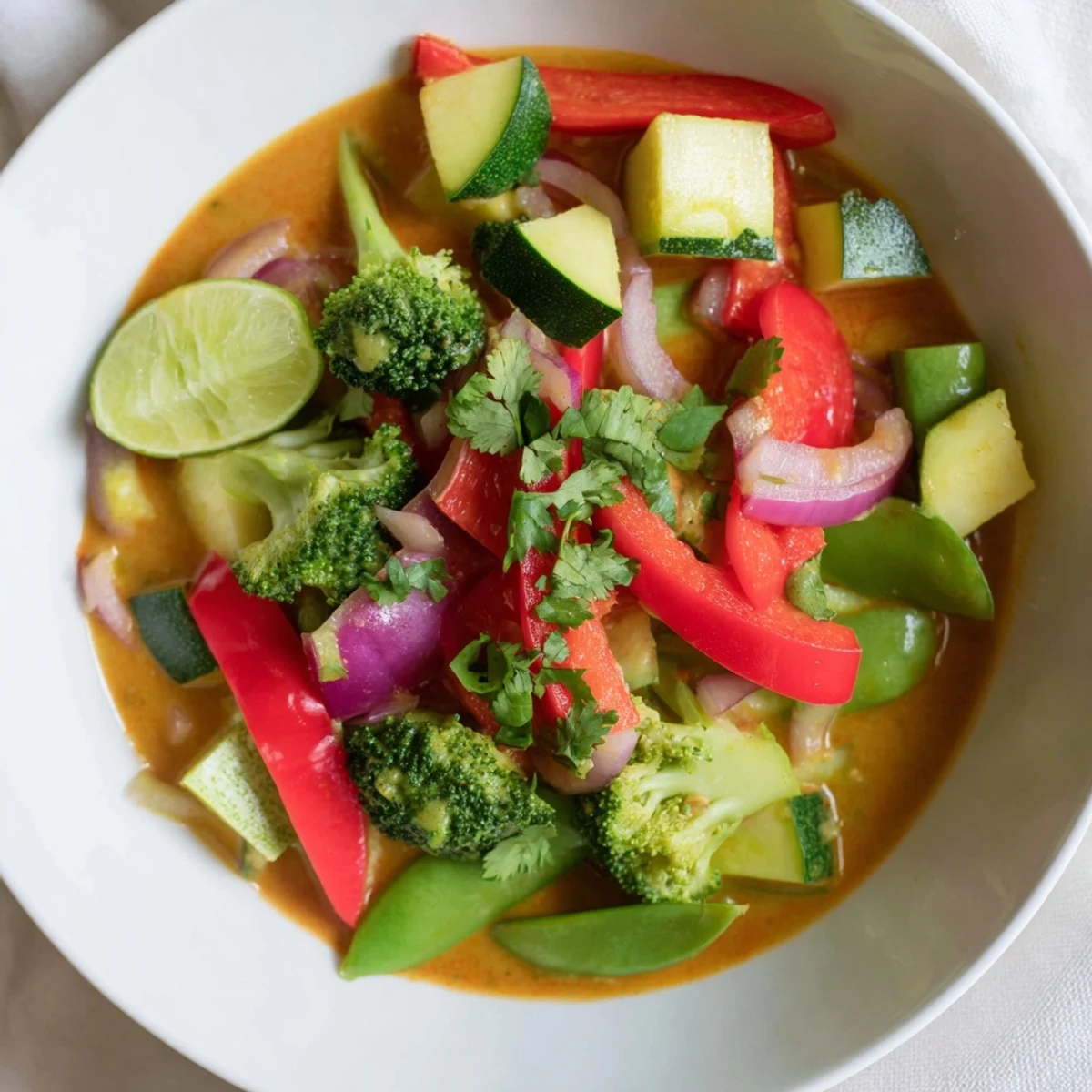 A steaming bowl of Coconut Curry Vegetables with fresh cilantro and a lime wedge ready to serve.
