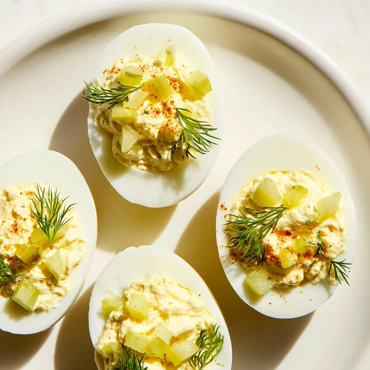 Dill pickle deviled eggs, topped with fresh dill and paprika, ready for snacking and sharing.