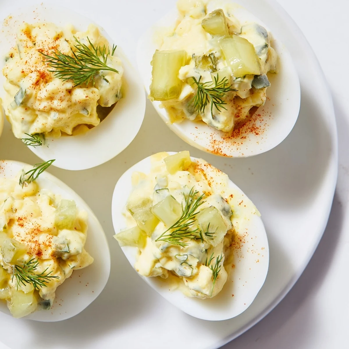 Tangy dill pickle deviled eggs, a vibrant appetizer with creamy filling and chopped pickles.