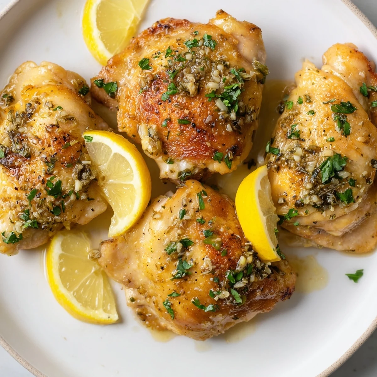 Golden brown Greek Lemon Herb Chicken breasts, perfectly baked and ready to serve with fresh lemon wedges.